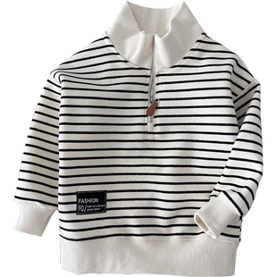 男童纯棉半高领拉链卫衣秋冬中大童立领套头衫条纹针织上衣打底衫