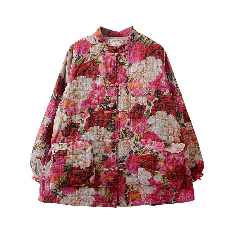 虫音棉服女装高级感轻奢盘扣时尚印花小个子宽松显瘦保暖棉衣外套