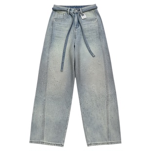 小个子蓝色牛仔裤女士2025年冬季新款裤子加绒加厚烫钻弯刀直筒裤