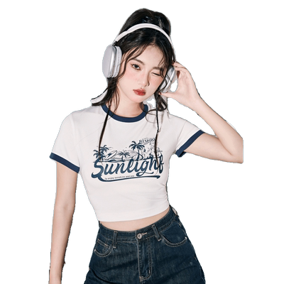 唐狮夏季撞色短袖T恤女新款紧身短款上衣女复古美式体恤sz