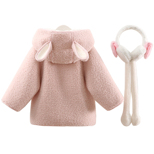 女童秋冬加绒外套儿童超可爱连帽毛毛衣宝宝1-3岁5卡通仿兔毛上衣