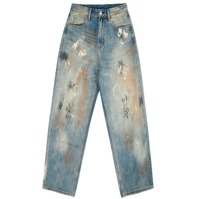 DOKIE拉链长款擦色泼墨秋牛仔裤