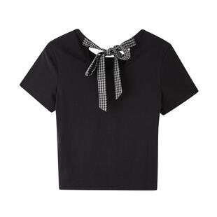 三福T恤女2026新款夏季露背绑带时尚短袖休闲简约修身上衣女装