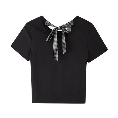 三福T恤女2026新款夏季露背绑带时尚短袖休闲简约修身上衣女装