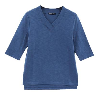 纯棉白色中袖t恤女竹节棉宽松V领