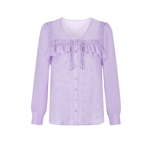 郁香菲V领衬衫女优雅通勤秋季时尚绣花图案盘扣拼接荷叶边上衣