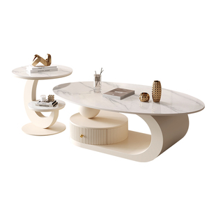 椭圆形岩板茶几客厅家用小户型轻奢高级感2025新款茶几组合奶油风