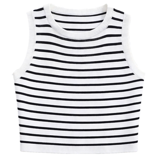 Round neck crop top with exposed navel woman圆领条纹露脐背心