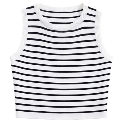Round neck crop top with exposed navel woman圆领条纹露脐背心