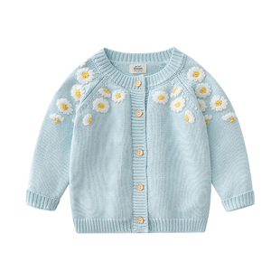 100-140码 洋气蓝色立体花朵 女童纯棉线针织开衫儿童装毛衣外套