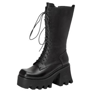 秋冬小个子超高跟靴子女2025新款真皮中筒靴防水台松糕厚底马丁靴