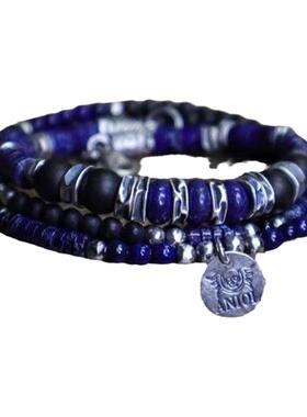 天然蓝色青金石黑缟玛瑙串珠手链