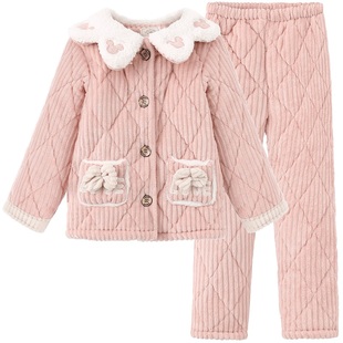 雪俐儿童睡衣三层加厚夹棉男童冬季加厚款珊瑚绒男女童家居服套装