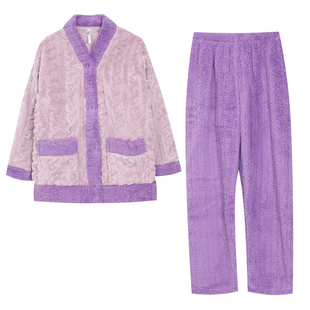 红豆长毛绒甜美可爱撞色开衫女士居家服加绒加厚可外穿长袖睡衣套