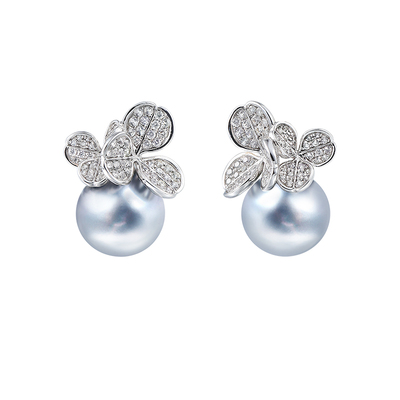 18K金天然大溪地铂金灰海水珍珠耳钉 钻石镶嵌三叶草耳环强光正圆