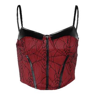 哥特风红黑drama打歌服红色PU皮革吊带女团风演出服辣妹束腰上衣