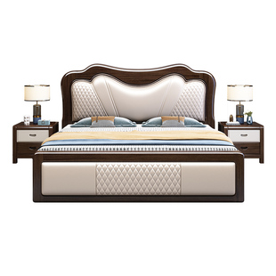 实木床简约1.8米双人床1.5m现代中式皮靠软包靠背主卧气压储物床