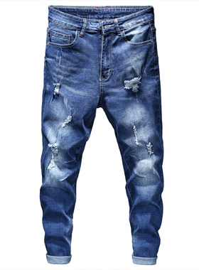 高弹力破洞大码九分牛仔裤