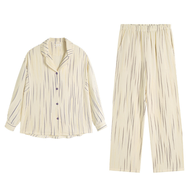 春秋纯棉简约开衫女士家居服套装
