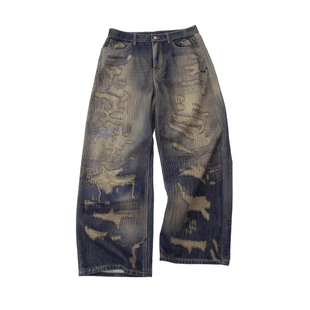 STABLE CIRCLE 25ss破洞车缝线3d活性数码印花baggy阔腿牛仔裤