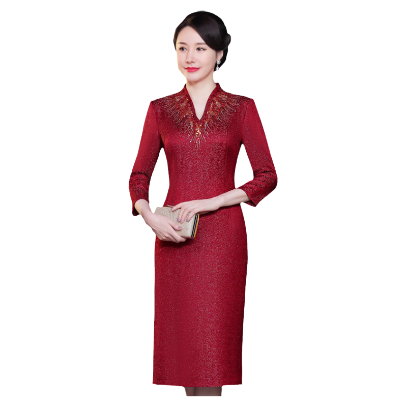 喜婆婆婚宴装2023年春秋高档旗袍连衣裙中长妈妈婚礼服结婚敬酒服