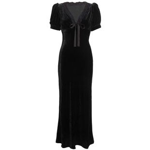 法式ref高级感黑色蕾丝V领包臀鱼尾丝绒连衣裙气质收腰晚礼服长裙