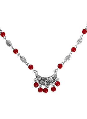 古风红色珠子项链民族风扇形吊坠