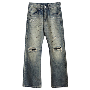 满天星烫钻破洞牛仔裤男士宽松直筒高端潮牌复古2026新款微喇裤子