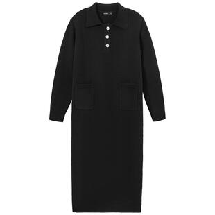 热风2024年冬季新款女士撞色POLO领连衣裙黑色打底长袖毛衣连衣裙