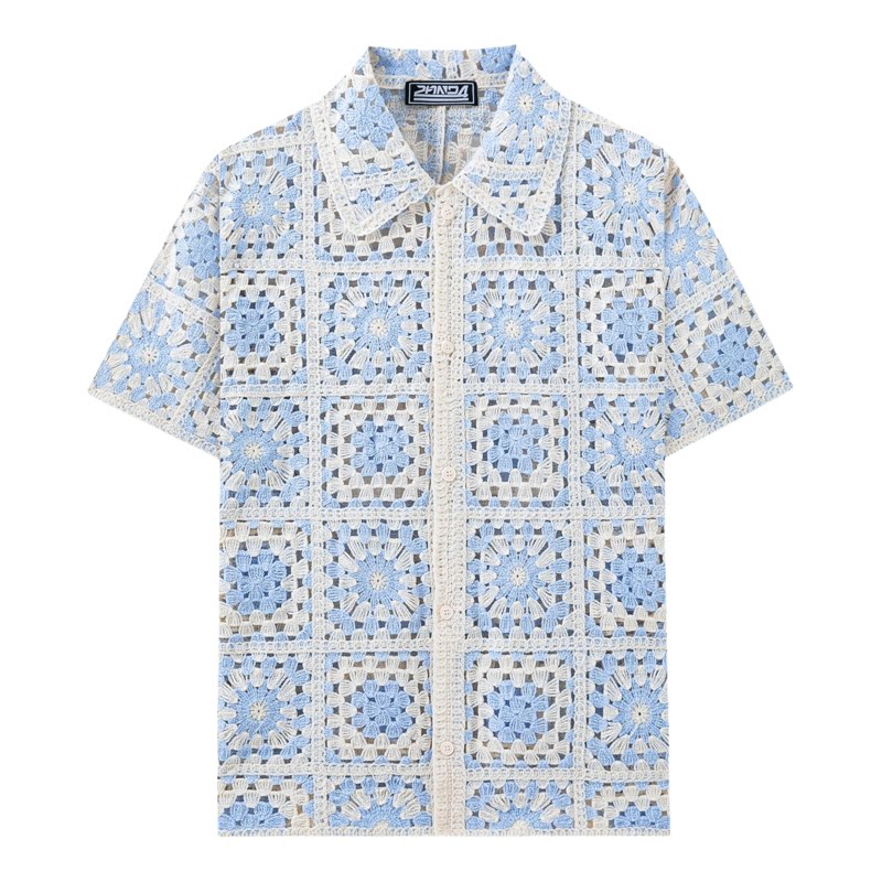 2026夏欧美男士格子拼色针织短袖衬衣男镂空开衫polo衫Men shirt