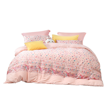 富安娜家纺四件套全棉纯棉少女心粉色床单被套ins公主风床上用品