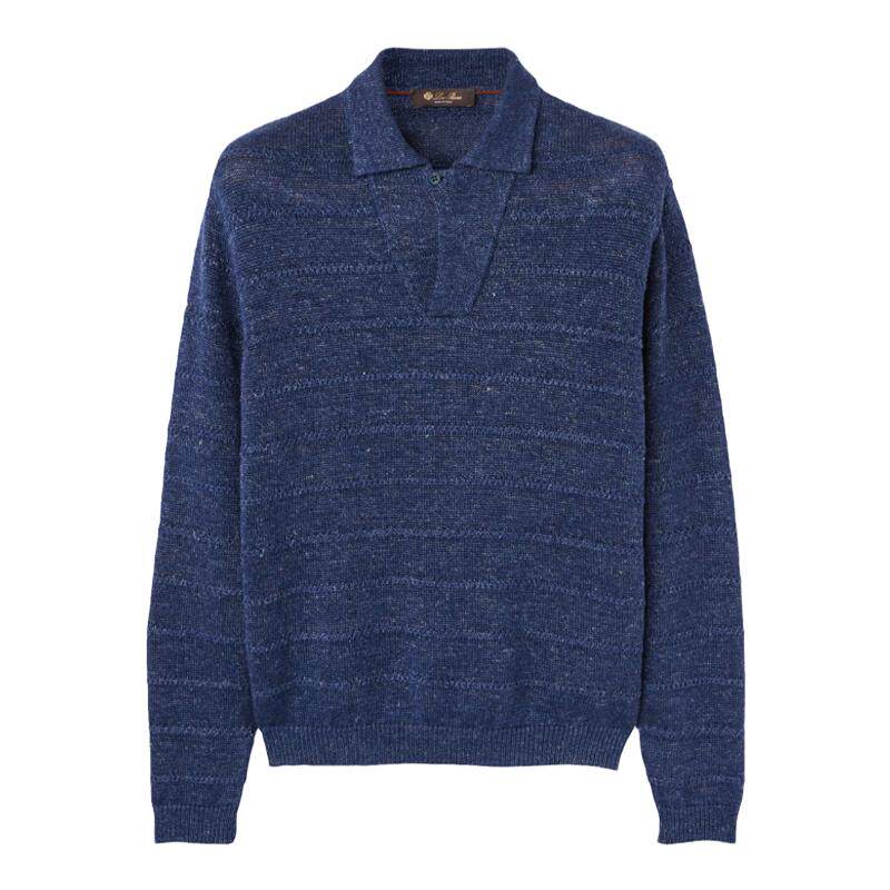 Loro Piana/诺悠翩雅男装亚麻和棉马球领蓝色长袖针织衫