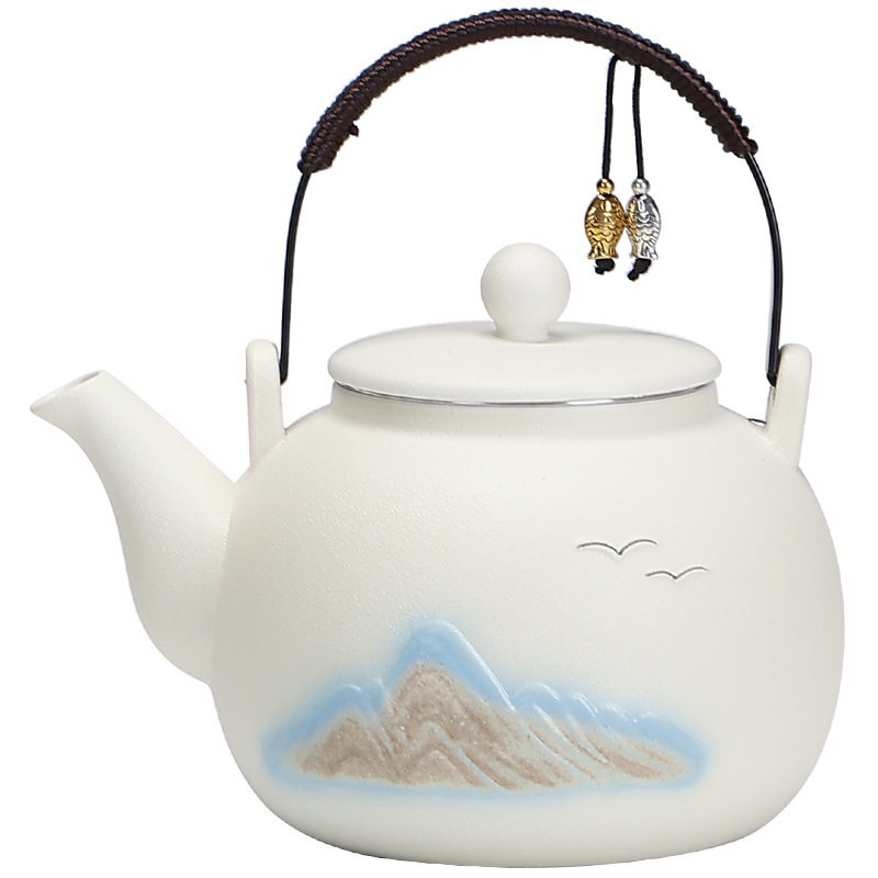 中式简约风大容量浮雕远山陶瓷茶壶家用提梁壶煮茶壶围炉煮茶壶