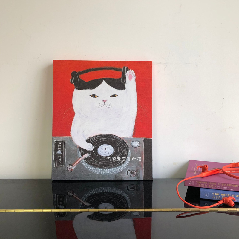 上新 音乐DJ猫 文艺萌猫 小众艺术装饰画简约客书房挂画拍摄道具图片