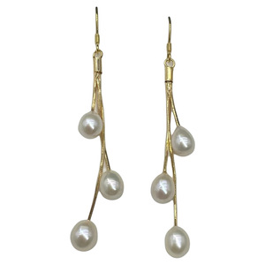 天然淡水珍珠水滴形耳钩三颗淡水珍珠耳环长款S925银流苏耳线耳坠