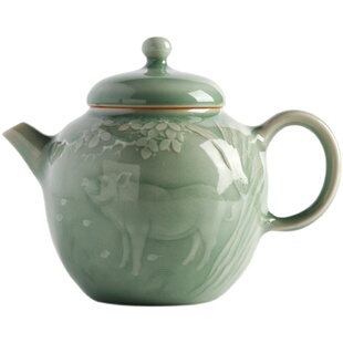 龙泉青瓷张海平茶具雕刻十二生肖茶壶正把泡茶壶分茶器功夫茶道