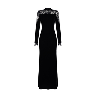 XULU原创秋冬赫本风进口丝绒拼接精致蕾丝掐腰包臀显瘦气质连衣裙