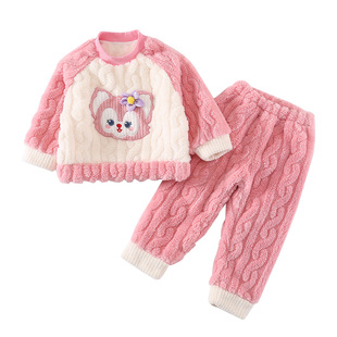 女童珊瑚绒睡衣冬加厚2025新款儿童家居服女宝宝女孩分体卡通冬装