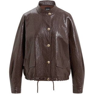 KBNE2026春季新款咖啡色夹克皮衣女外套水洗油蜡皮柔软机车上衣女