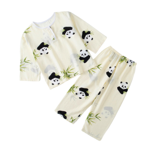 夏季儿童棉绸睡衣长袖女孩大童空调家居服人造棉男童绵绸套装薄款