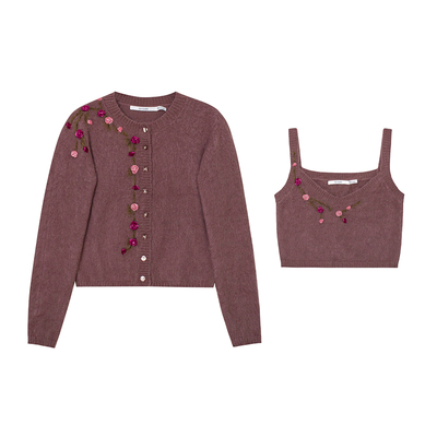 TOP家柔雾美感 vtg藤曼丝绒玫瑰花进口安哥拉兔毛羊针织吊带/开衫