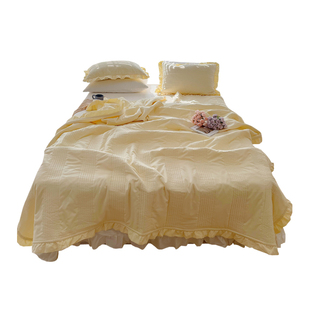 ins奶油色水洗纱夏凉被四件套少女花边夏被空调被简约纯色可机洗