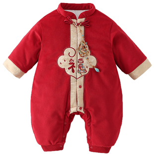 婴儿过年拜年服红色喜庆宝宝秋冬装保暖一周岁棉服百天礼服连体衣