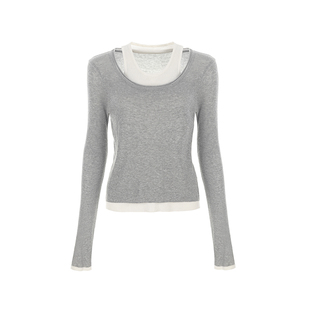 wana try天丝亚麻拼接假两件针织衫2025秋季新品韩系简约上衣女