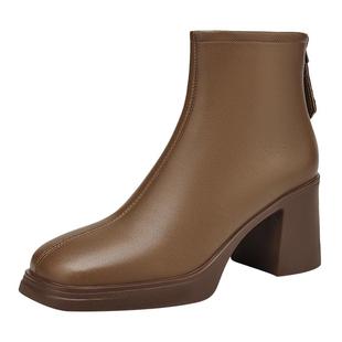 达芙妮加绒短靴女2025新款秋冬高跟靴子方头马丁靴冬季粗跟妈妈鞋