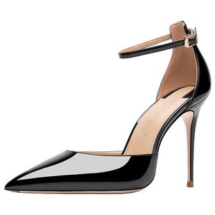 HLTINO夏季百搭黑色职业高跟鞋女2025年新款细跟尖头时尚漆皮凉鞋