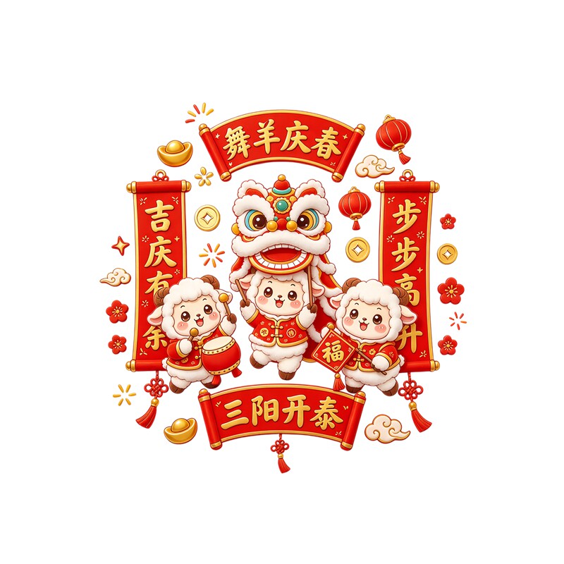舞羊庆春玻璃贴三只小羊舞狮敲鼓三阳开泰国潮新年防水装饰贴纸画