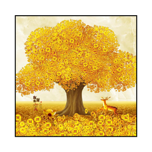 招财黄金摇钱发财树饭厅餐厅装饰画高档现代简约玄关壁画客厅挂画