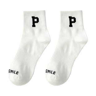 袜子女中筒袜ins潮网红款春秋夏季纯棉P字母袜男黑白运动百搭短袜