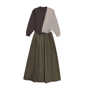 大牌高端春秋长袖连衣裙收腰显瘦气质女神范假两件套毛衣打底长裙